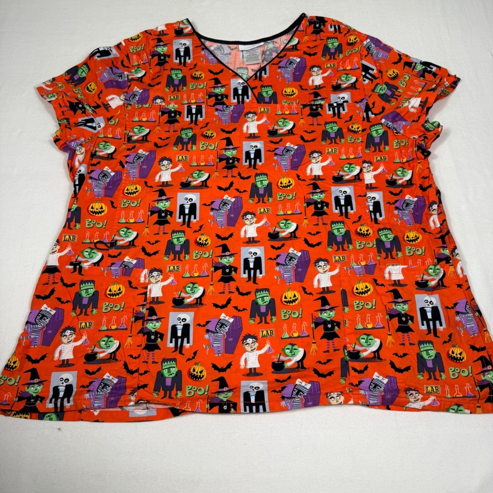 Scrubstar Halloween Scrub Top 2X Orange Monster Frankenstein V-Neck SSL36709TI